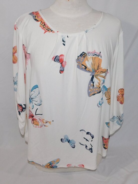 Beechers Brook Tops - Beechers Brook White Butterfly Butterflies Multicolor Pullover Blouse Women XL